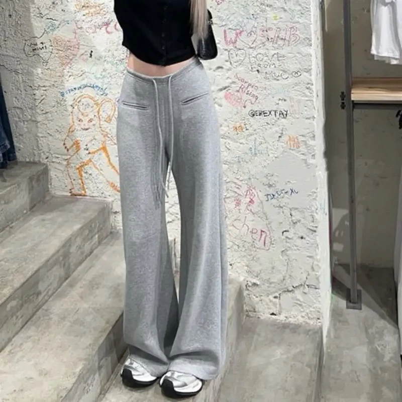 秋冬宽松加绒卫裤女百搭抽绳针织阔腿裤中腰简约纯色休闲运动长裤