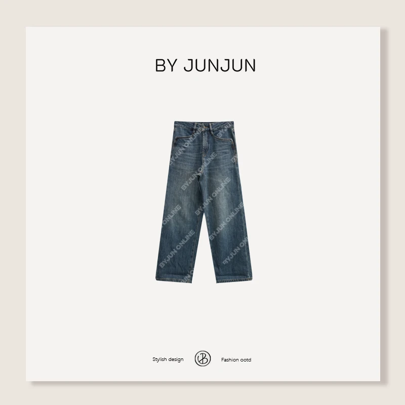 ByJunjun 冬季新品女装韩系牛牛直筒磨毛牛仔裤