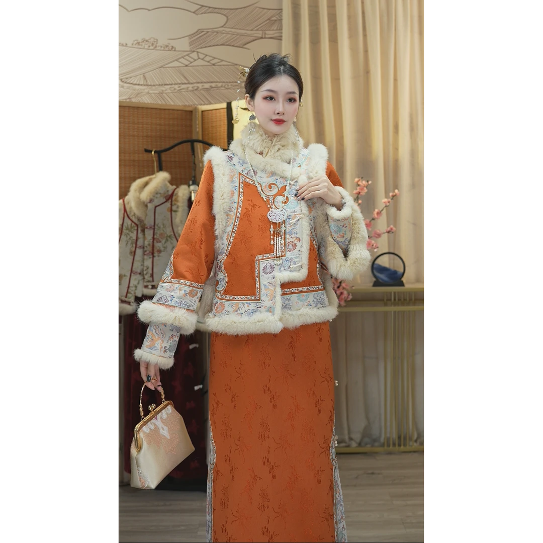 羽唐名2024冬季新款加绒中式长款中国风复古女装裙（2361+2362）