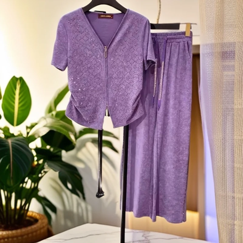 舒适透气 2025夏装烫钻T恤+阔腿裤套装女新款显瘦遮肉两件套清