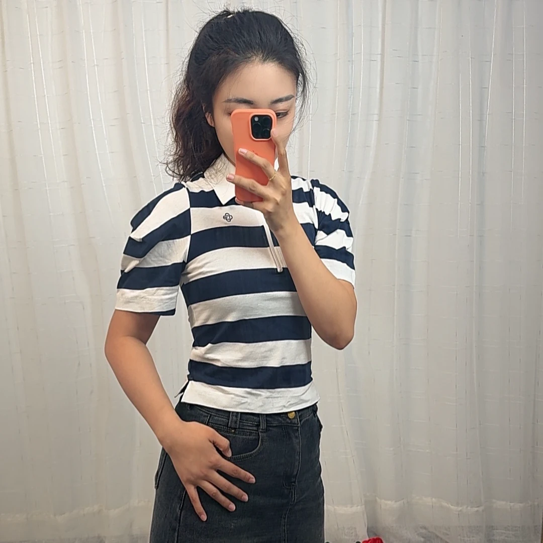 撞色拉链Polo衫夏季新款气质显瘦翻领拉链短袖百搭条纹T恤上衣女