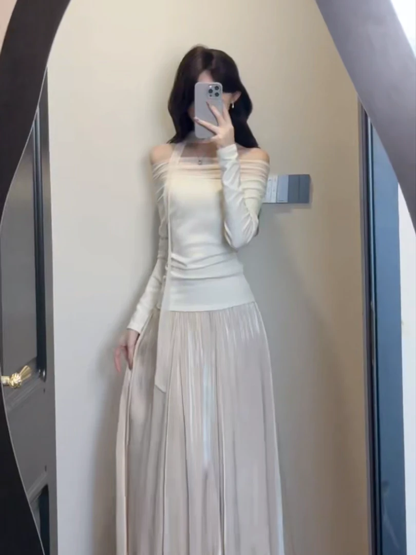 法式温柔风穿搭套装优雅气质一字肩长袖上衣女装秋季半身裙两件套