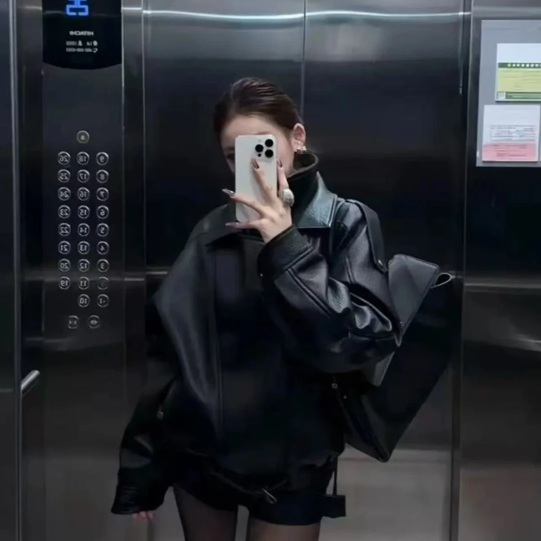 【YUEYUE轻奢服饰】荔枝纹理定制版高级感皮衣外套黑色宽松百搭