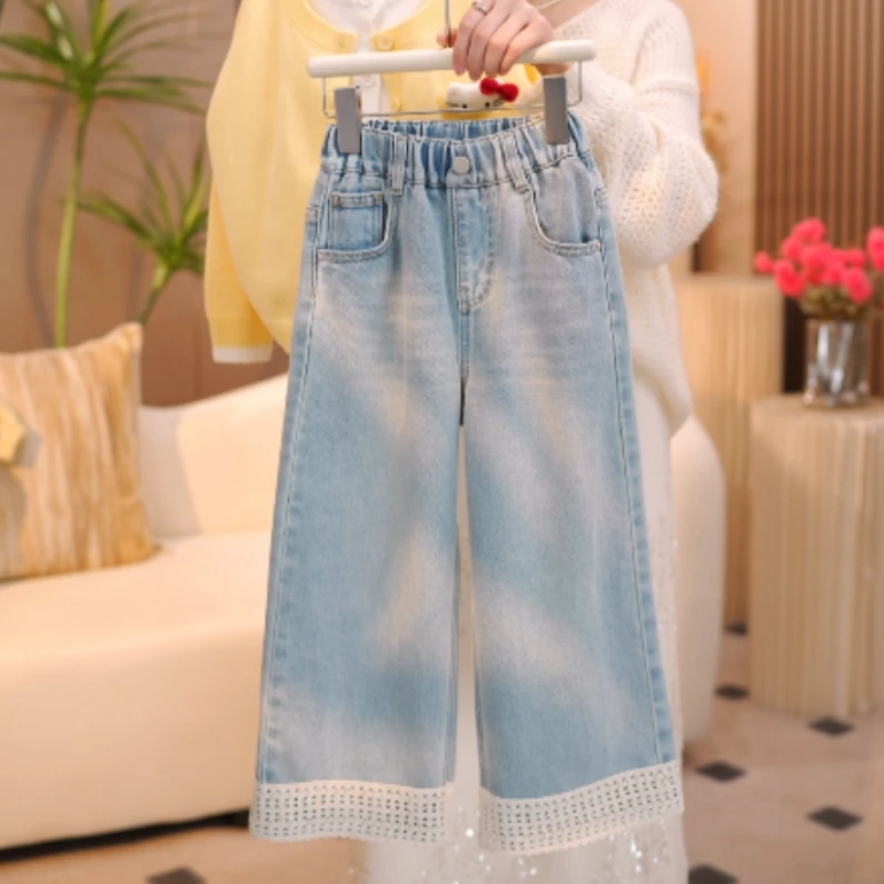 女童春季2025新款休闲百搭花边宽松直筒阔腿牛仔裤潮