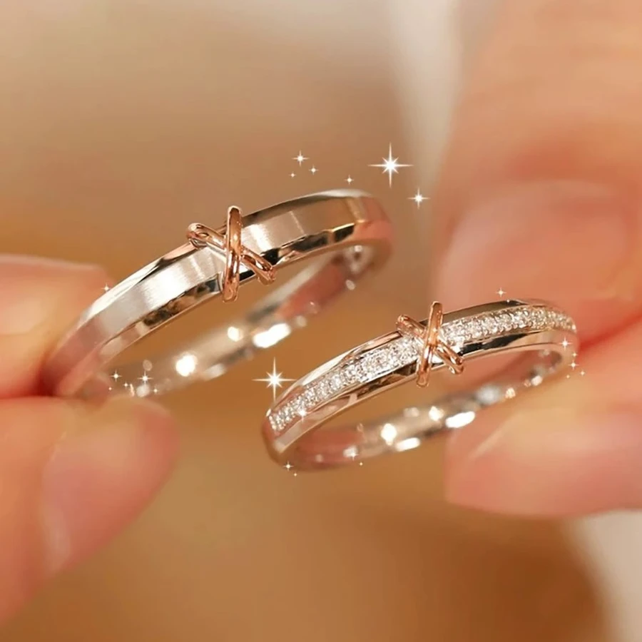 足银戒指 纯银999交织情侣对戒素圈情侣银戒指一对七夕礼物送女友