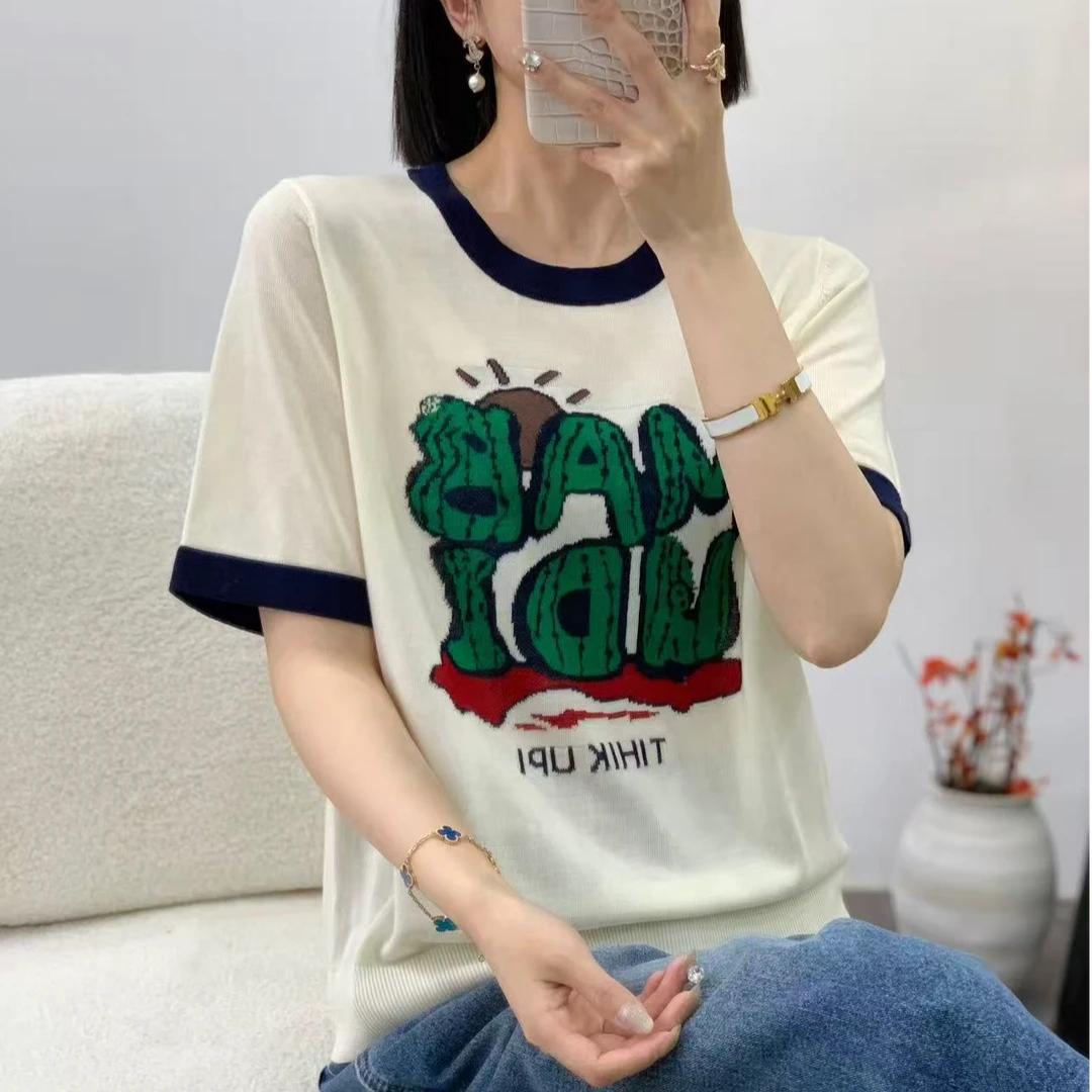 【例畔精选】春夏季时尚气质圆领拼色卡通字母提花减龄针织衫A077#