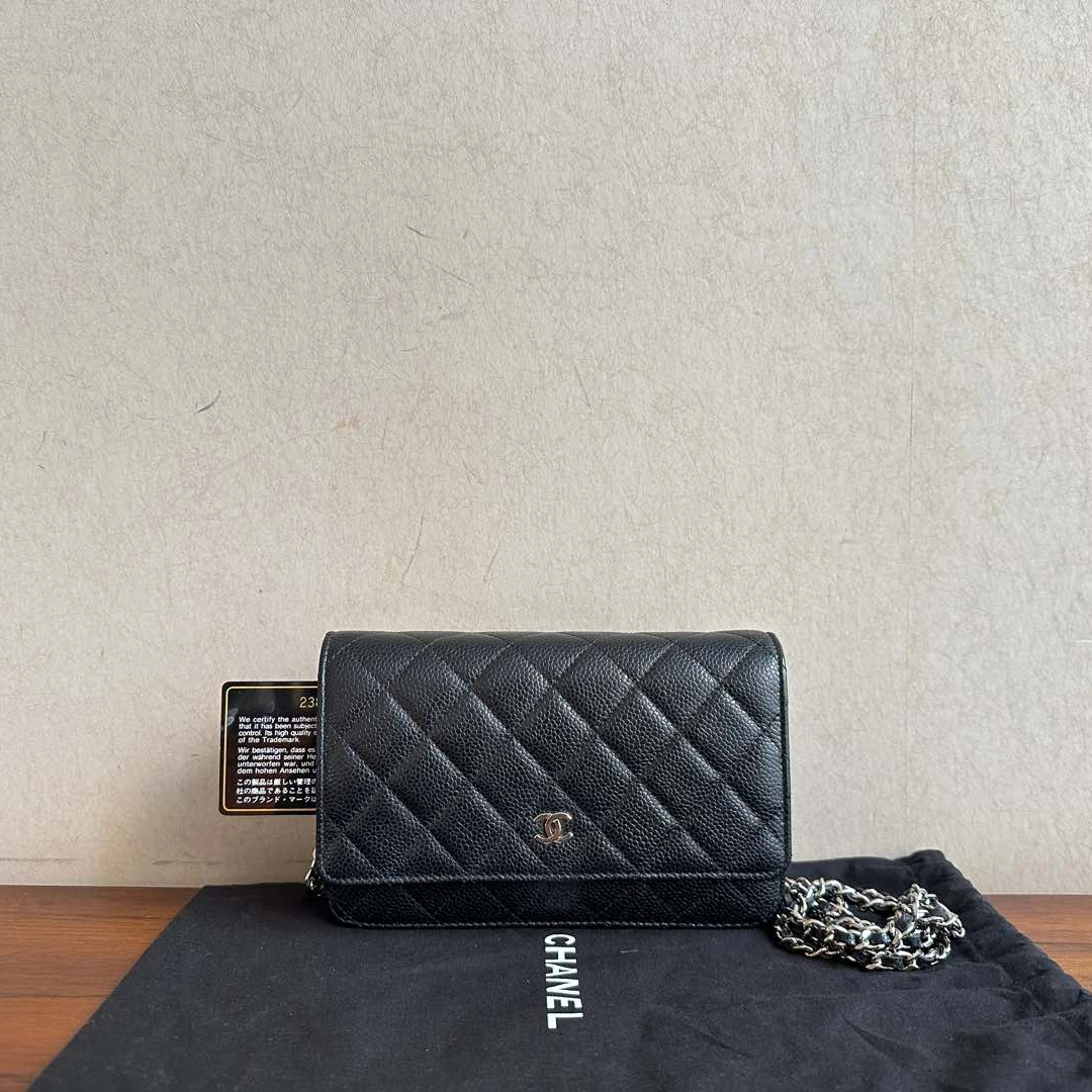 95新 Chanel/香奈儿 黑银荔枝皮cf系列woc链条包 23开