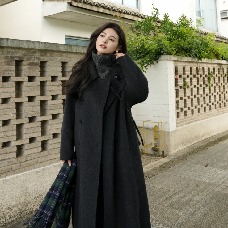 伊迪卡双面羊毛大衣韩系毛呢外套女小个子秋冬时尚百搭中长款