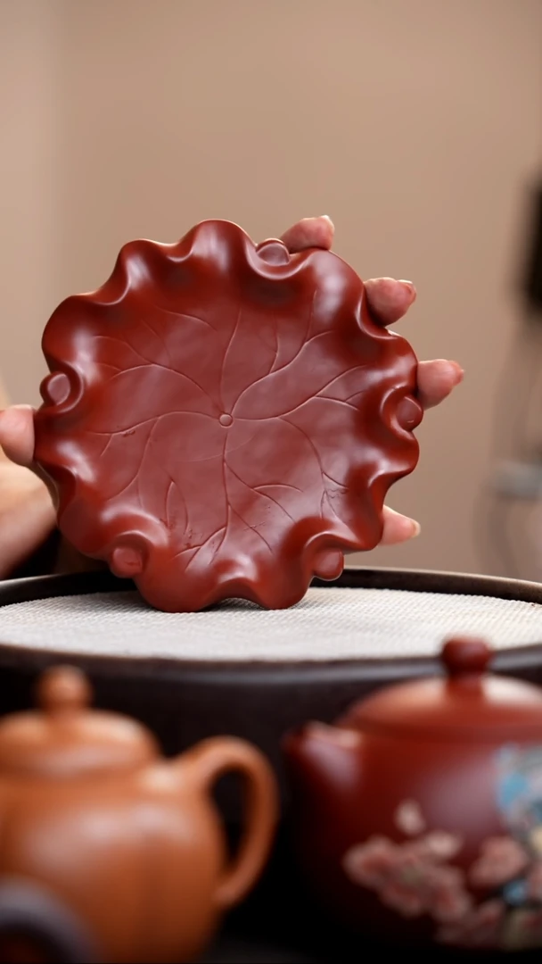 茶壶紫砂朱泥荷叶双层壶承003