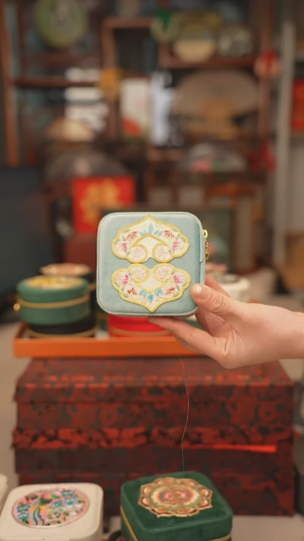 扇子首饰盒 绣花双面非遗