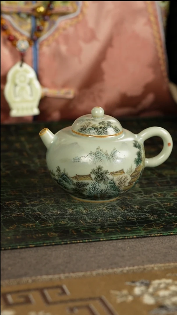 善窑厂汝窑粉彩山水壶