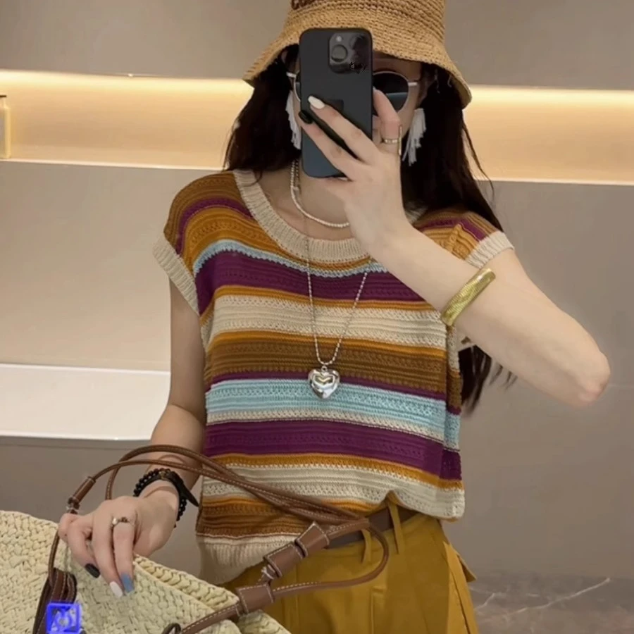 条纹短袖针织衫女夏季薄款复古撞色2025新款时尚洋气百搭宽松上衣