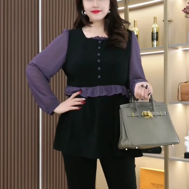 丹思慕2025春季新款高端大码遮肉拼接气质显瘦百搭减龄长袖241219