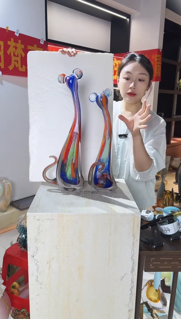 琉璃彩色猫摆件清仓A33