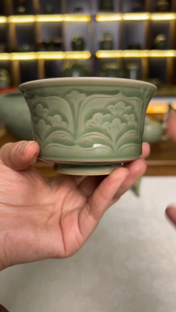 瓷片耀州窑纯手工宝箱牡丹马蹄扯足杯1只