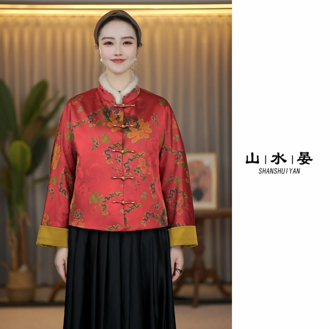 中式重磅桑蚕丝重锻提花上衣外套时尚减龄女装气质优雅UNX5495