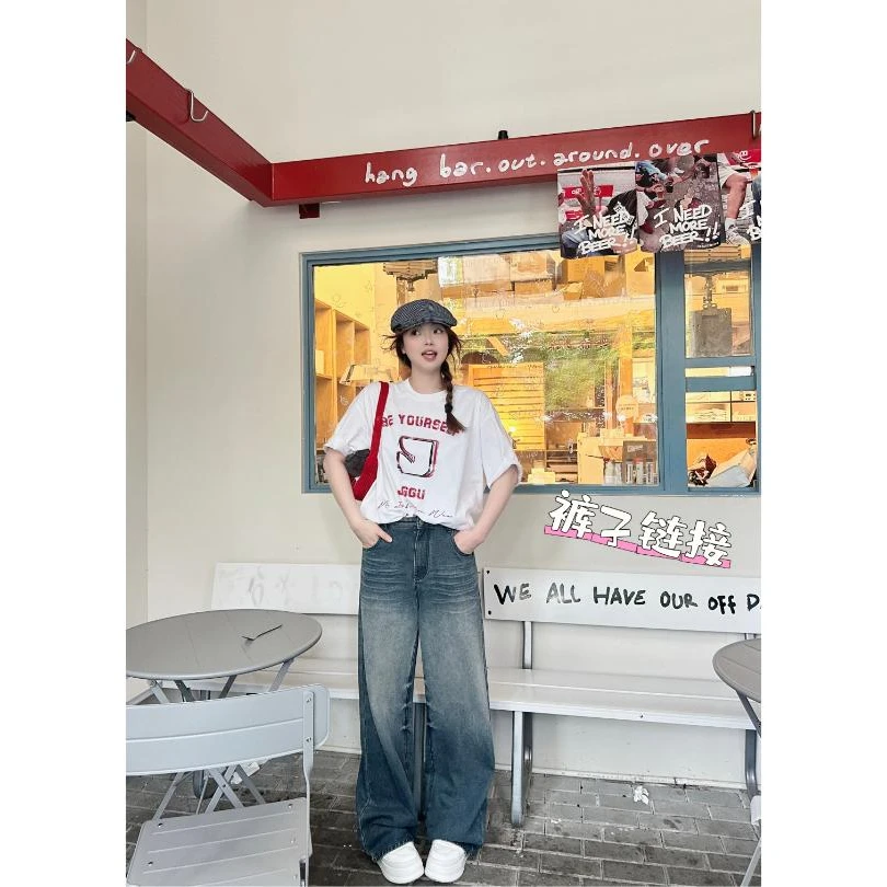 晶咕【做旧情怀】水洗复古做旧渐变色高腰直筒牛仔裤百搭休闲