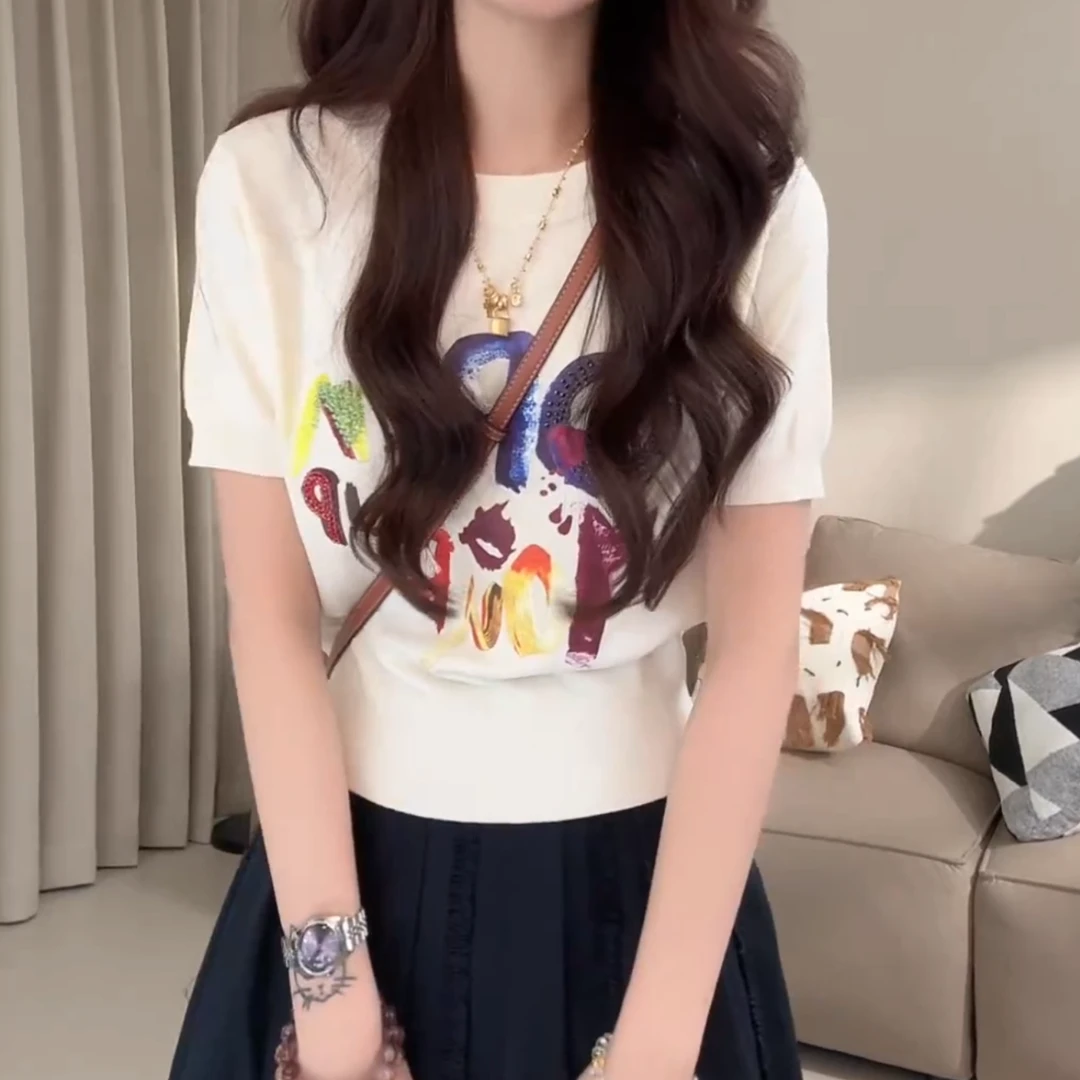 2025字母印花钉珠设计圆领针织衫夏季休闲百搭短袖上衣LK2504317