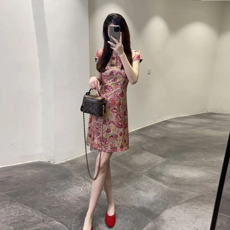 新中式国风年轻款改良旗袍御姐气质名媛女神范红色印花连衣裙女夏