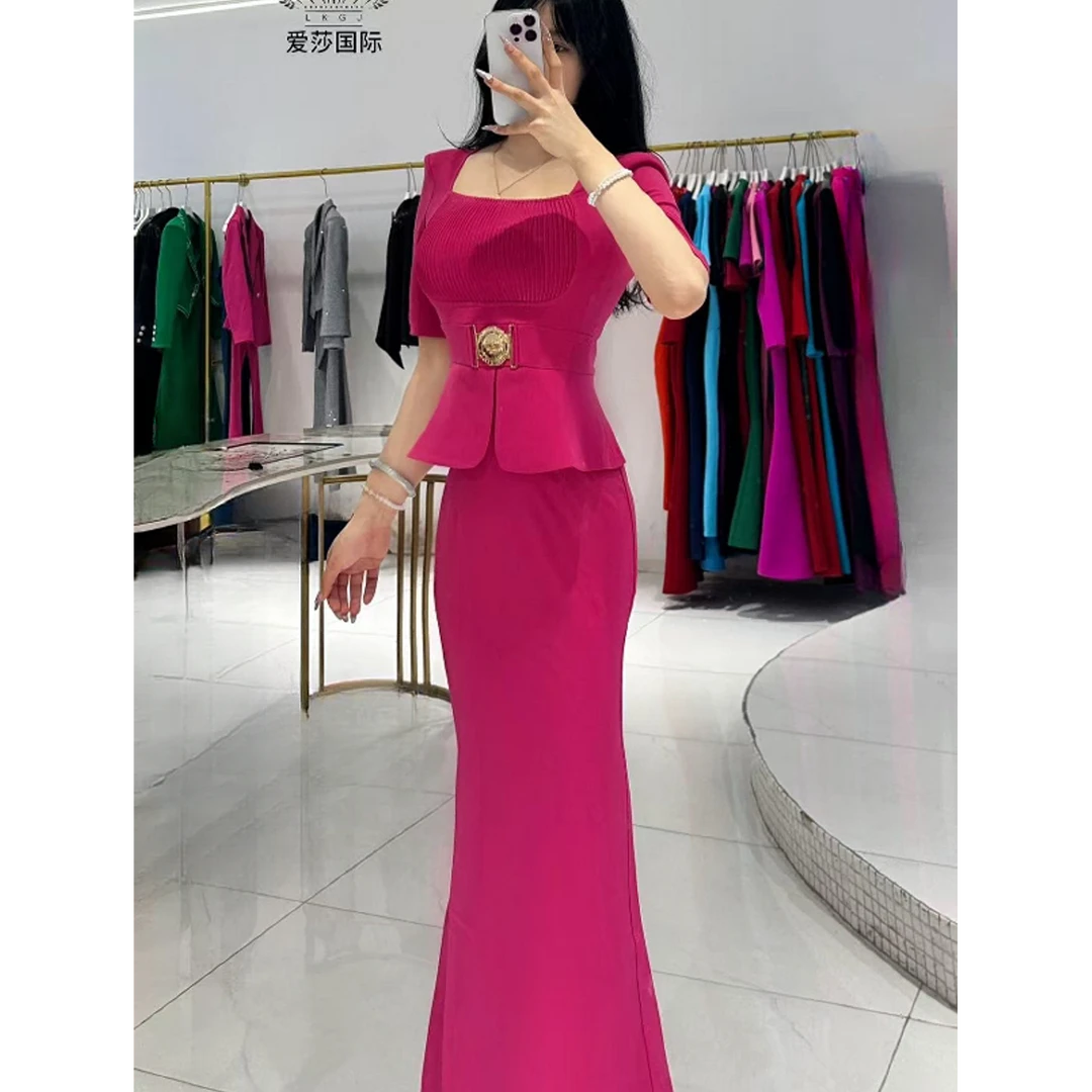 SHABA/莎芭高定玫红方领定制包臀修身气质鱼尾裙