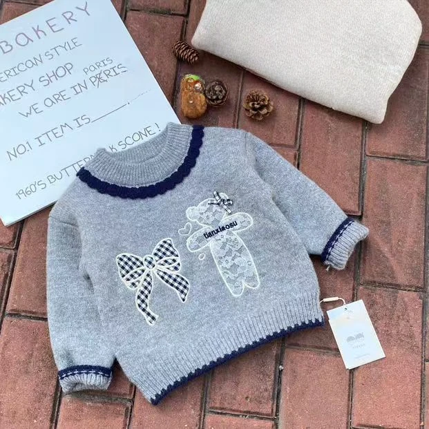 棉小九　儿童蝴蝶结一体绒针织衫（中童）72673