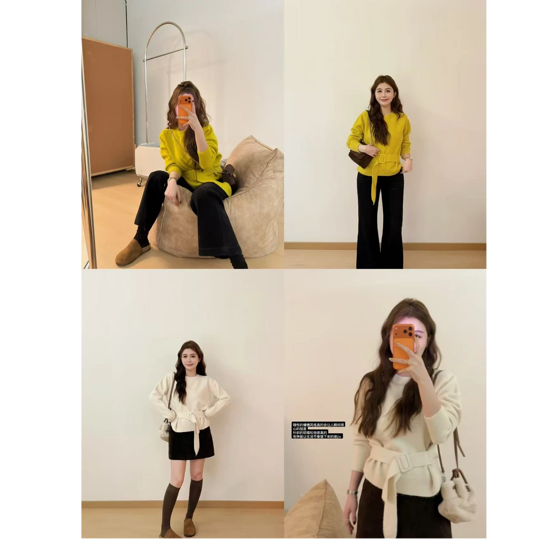 YPP!【私有月光】韩系气质温柔风圆领收腰绑带设计显瘦针织毛衣