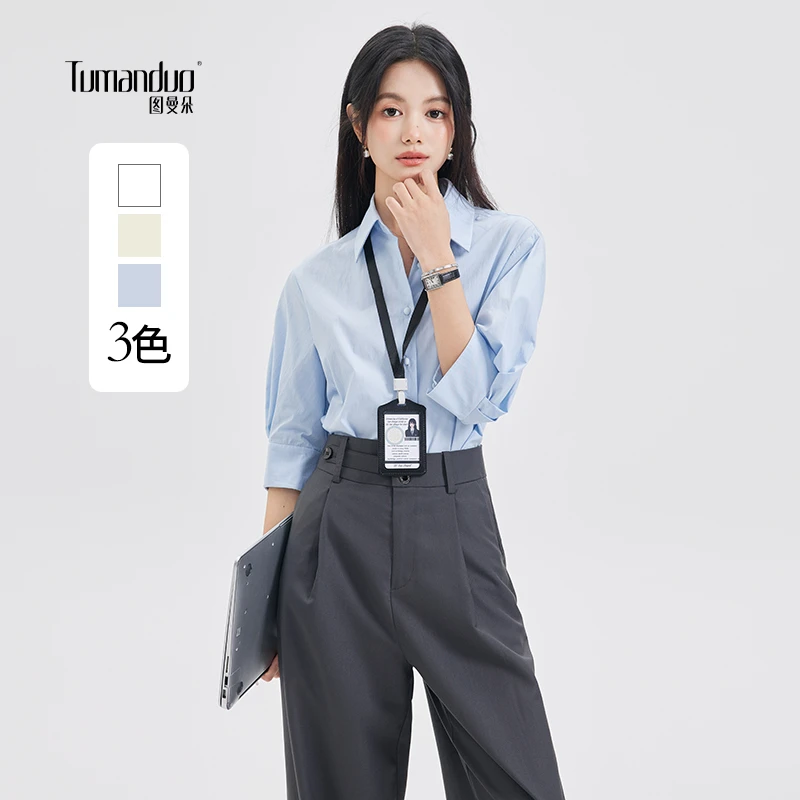 图曼朵蓝色短袖衬衫女正肩夏薄款设计感小众面试通勤职业正装衬衣