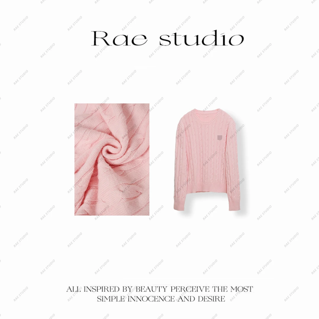 【Rae】经典款刺绣编织麻花圆领针织毛衣r722