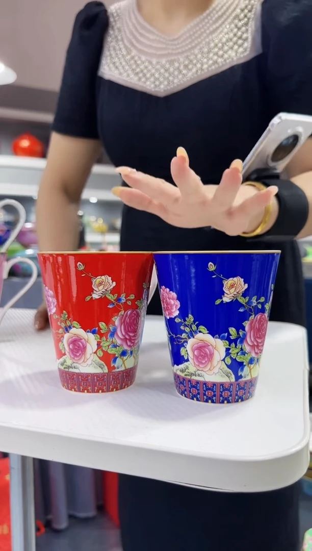 珐琅   牡丹花卉水杯2只装景德镇陶瓷