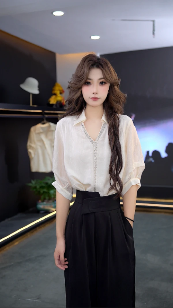 XG310夏新款简约优雅宽松袋衬衫显瘦遮肉款洋气南油高定穿搭