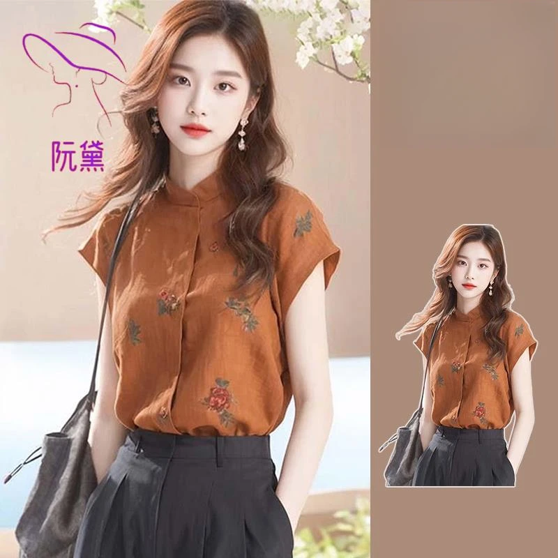 阮黛新中式立领印花亚麻短袖衬衫女士设计感小众夏季别致漂亮上衣