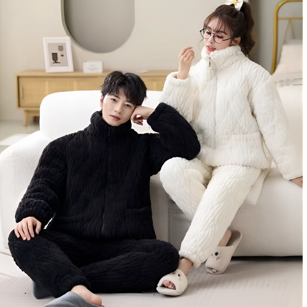（高品质超厚加厚款）男女同款夹棉睡衣冬季三层加绒加厚保暖套装