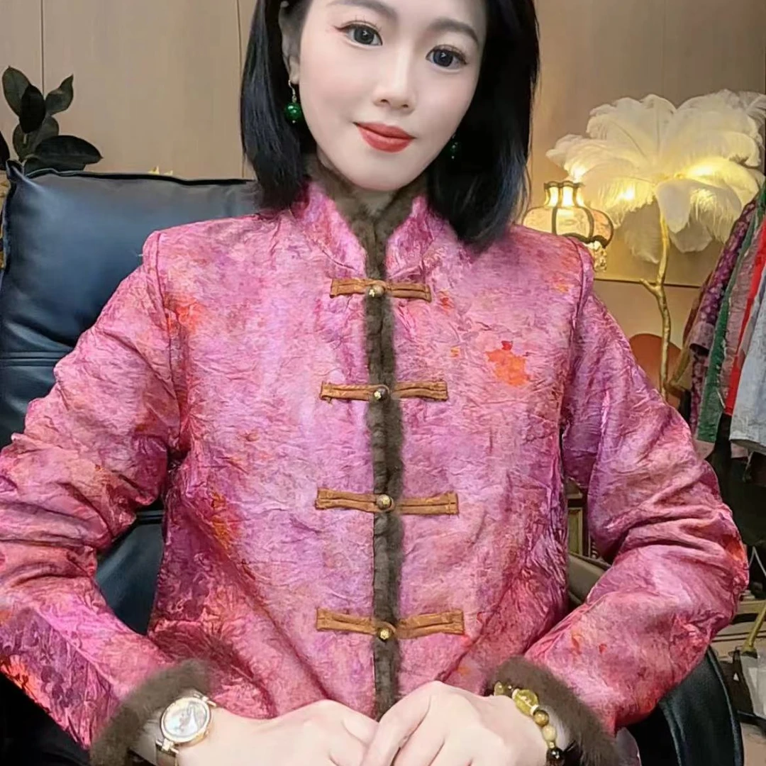 李心儿【粉斯玉】新中式设计师重工刺绣气质貂毛上衣外套37029