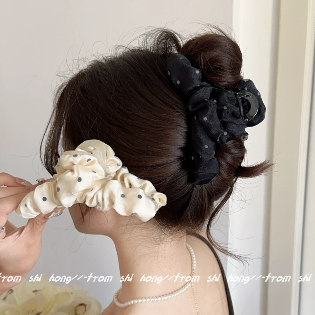 韩系浪漫波点网纱发夹女2025新款后脑勺抓夹高级感盘发大号鲨鱼夹