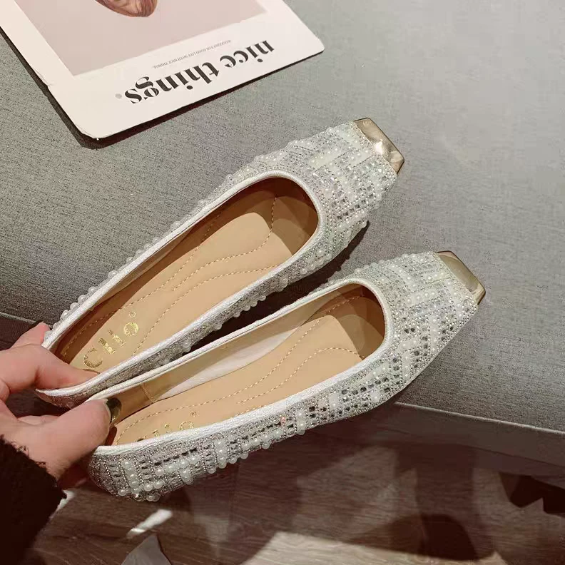 满钻！真皮方头浅口牛筋软底时尚平底公主鞋舞蹈鞋 内里羊皮