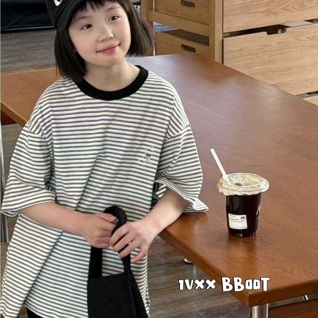 KIKIAND中大童条纹韩版黑白字母小众短袖透气夏季圆领T恤91120