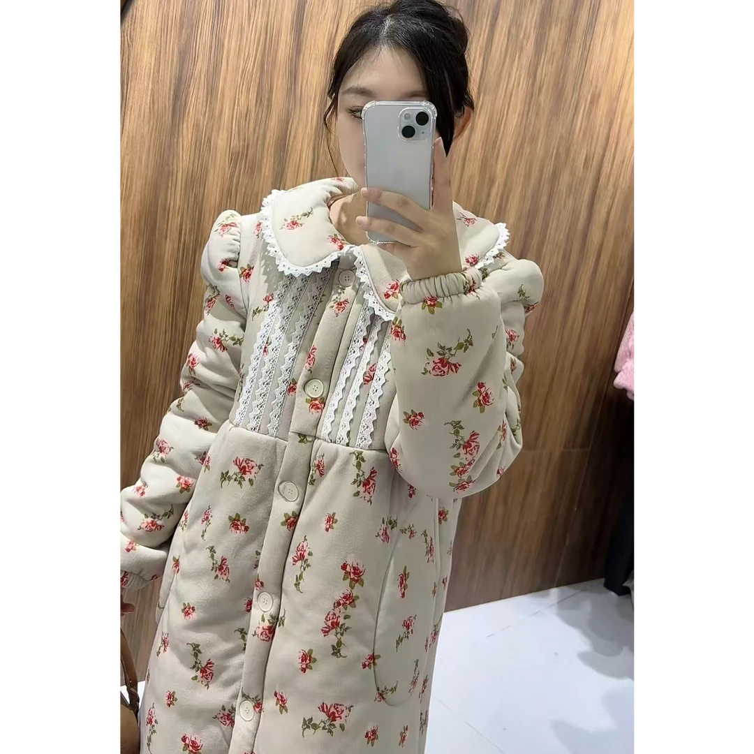 冬季韩版加厚加长家居服碎花大衣公主款时尚保暖