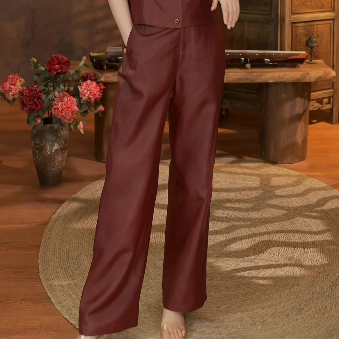 【东方婵韵】新中式时尚休闲百搭刺绣红云纱直筒裤DFCY26888