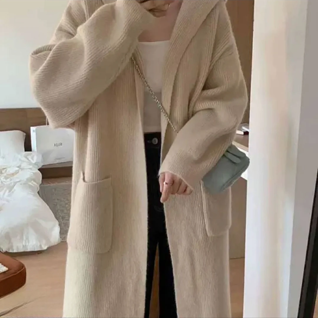 韩版连帽针织开衫长款秋冬中长款新款加厚慵懒宽松毛衣韩版开衫