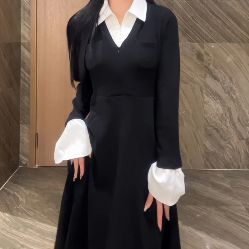 大码假两件连衣裙初秋新款女装胖MM显瘦收腰款设计感polo领长裙子