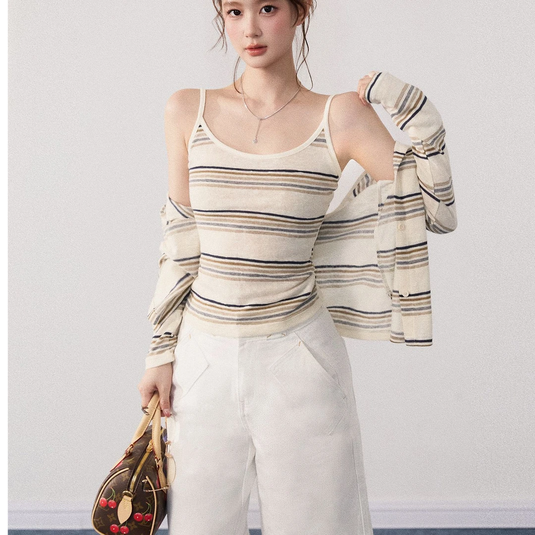 撞色条纹针织吊带背心女长袖防晒开衫早秋薄款两件套装韩系超火