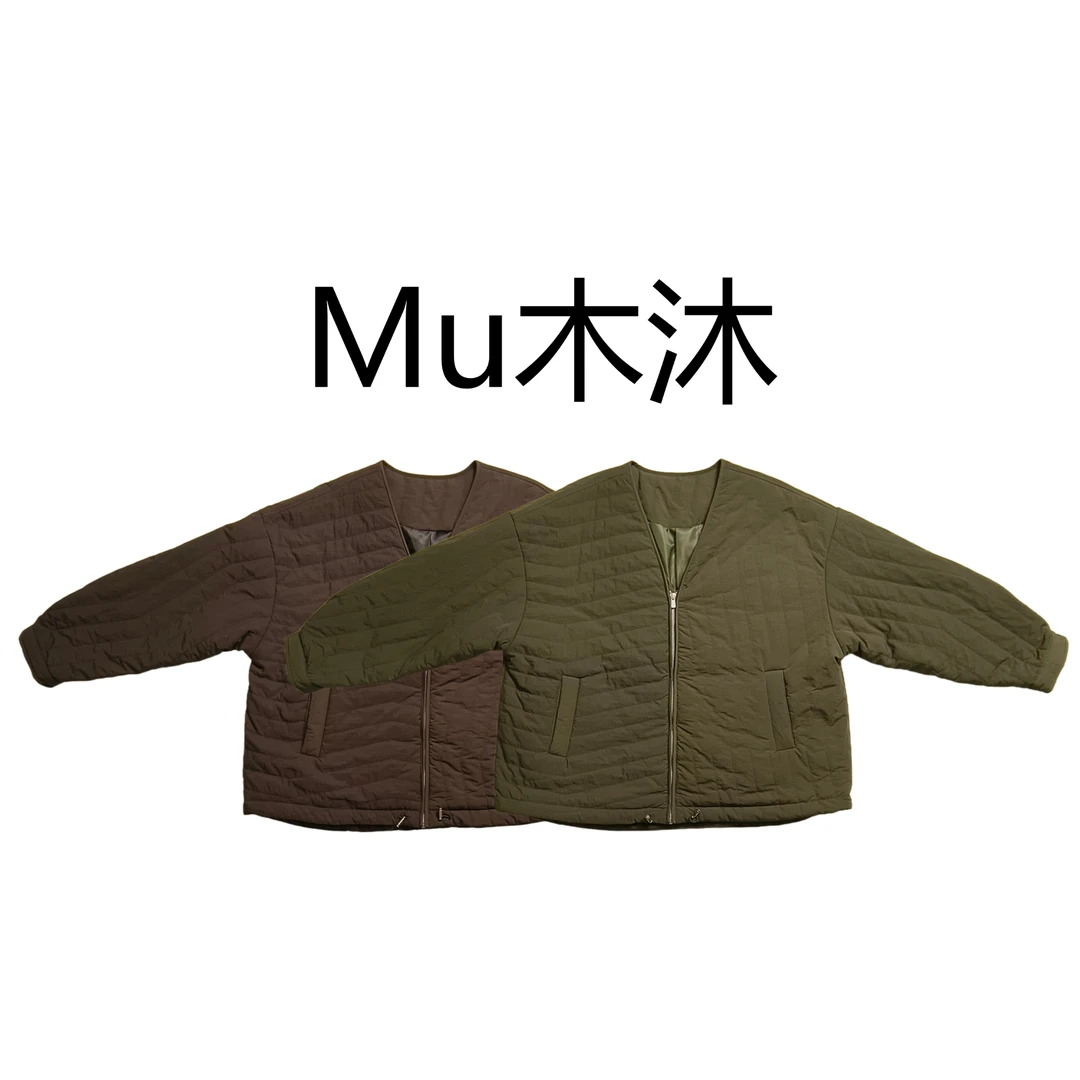 Mu木沐♠新品V领拉链下摆抽绳棉服外套