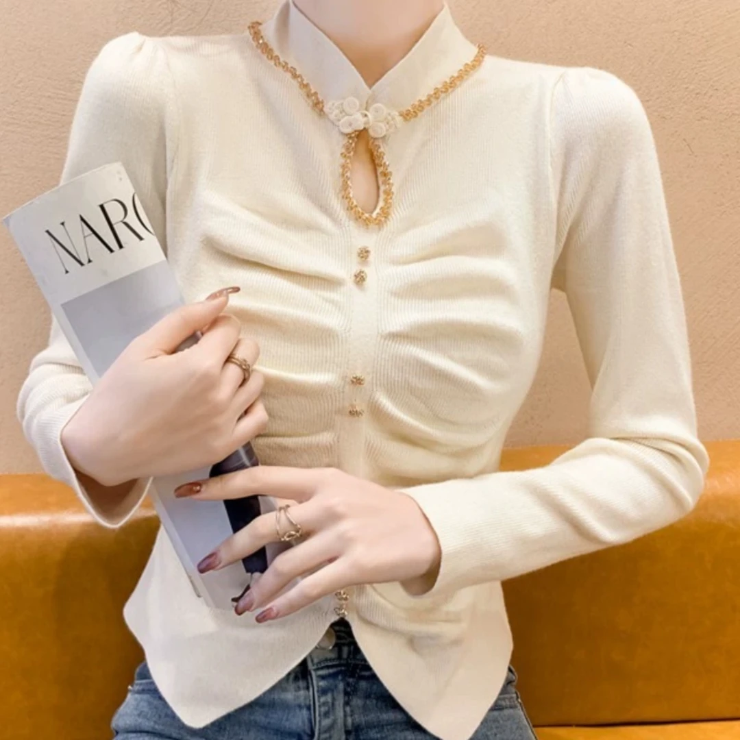 2025年秋冬新款洋气褶皱毛衣针织衫女时尚立领长袖打底衫内搭上衣