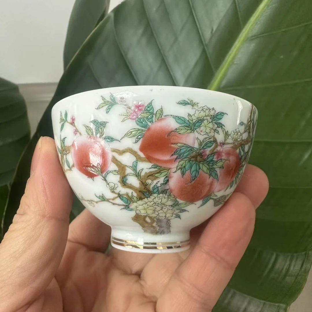 景德镇陶瓷粉彩九桃五福鸡心杯
