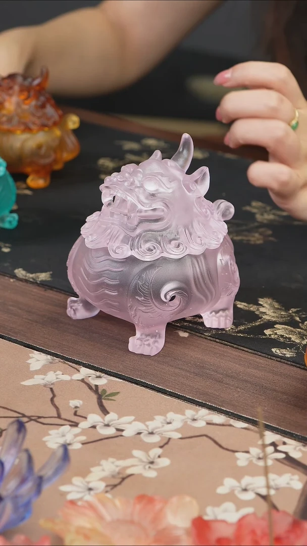 手工艺品琉璃粉色狻猊香炉中号