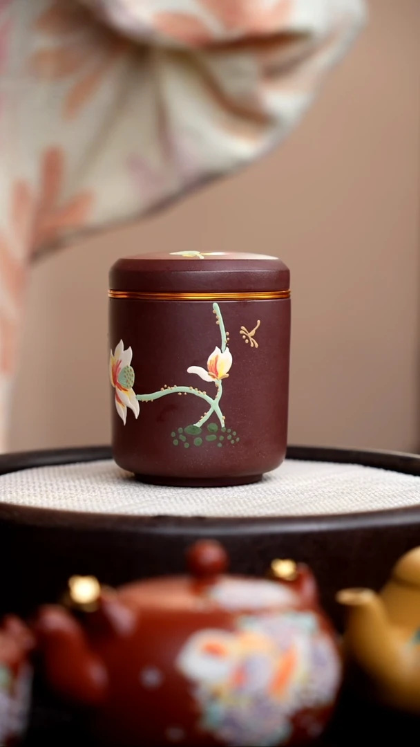 茶壶紫砂紫泥圆柱茶叶罐荷花