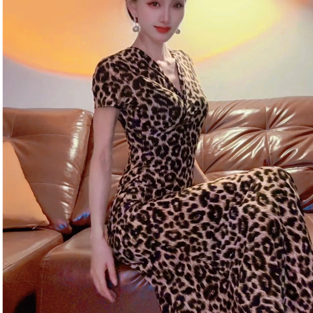 性感魅力两色豹纹修身鱼尾大摆长款连衣裙