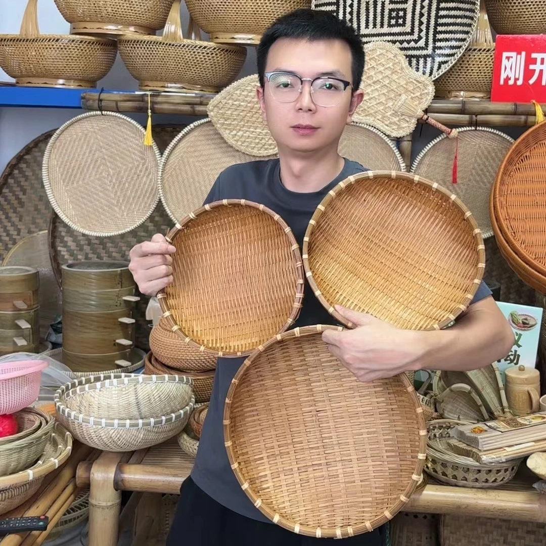 手工竹编烟熏馒头筐收纳筐33cm*2+厨房收纳小框*1到手三个