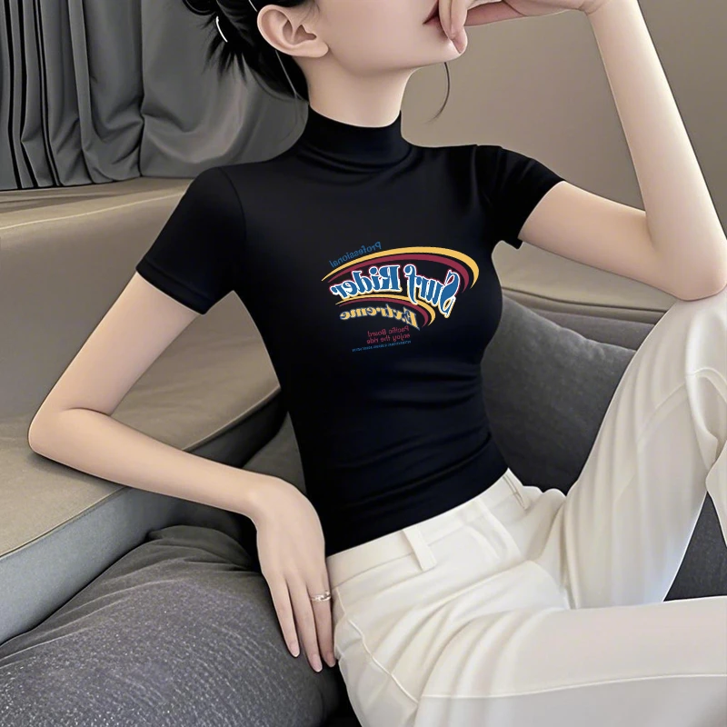 2025新款夏季莫代尔印花短袖T恤女半高领显瘦洋气百搭修身上衣ins