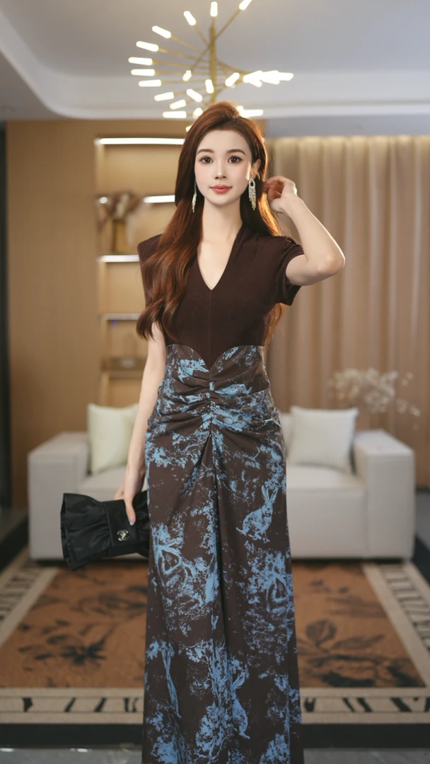 罗曼定制 红棕色碎花蝴蝶结裙女夏新款2025复古收腰显瘦连衣裙